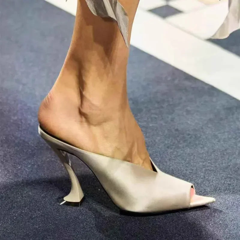 European and American Women's Fashion Show Spring and Summer New Style Irregular High Heels Pointed Fish Mouth Slippers