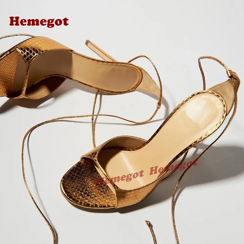 Gold Cross Strappy Sandals One Strap Open Toe Stiletto Heels Women's Sandals 2025 New Arrival Lace Up Snakeskin Elegant Shoes