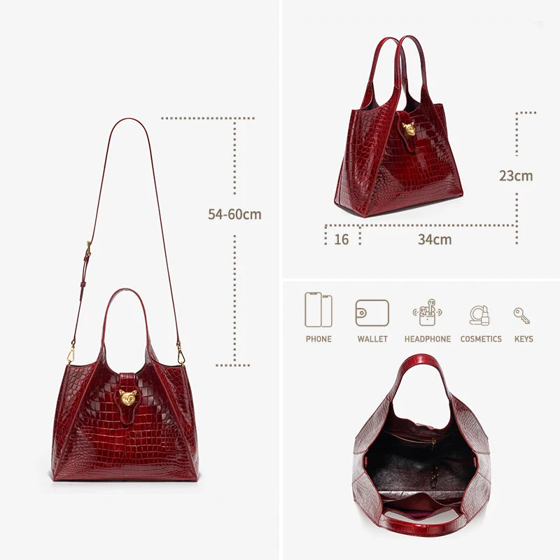 New 2025 Light Luxury Crocodile Pattern Genuine Leather Women's Messenger Bag Commuter Versatile Large Capacity Handbag