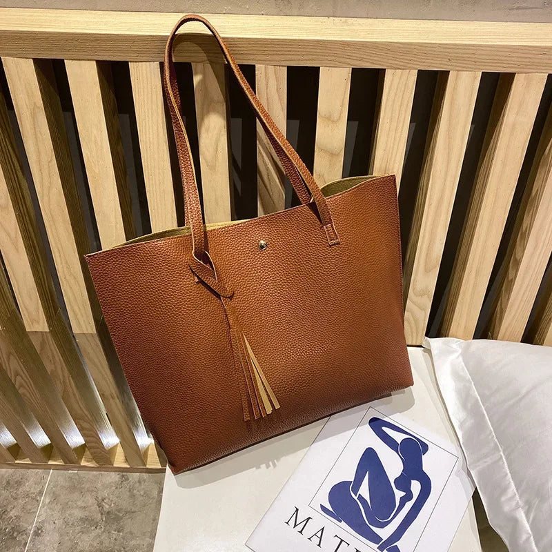 New Trend Women Single Shoulder Bag Casual Large Capacity Pu Lychee Pattern Tassel Outdoor Simple Tote Bag