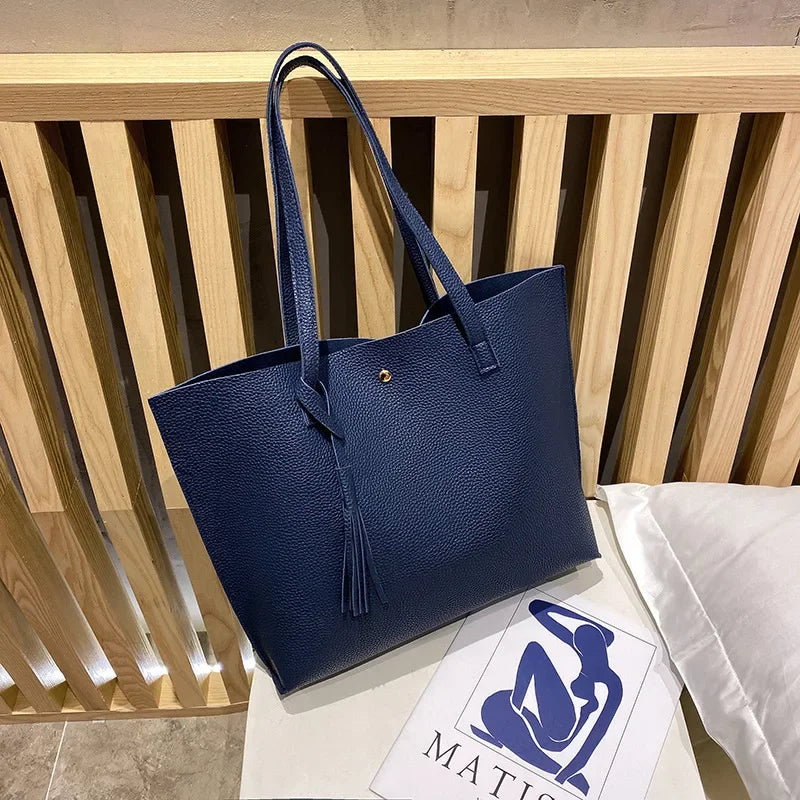 New Trend Women Single Shoulder Bag Casual Large Capacity Pu Lychee Pattern Tassel Outdoor Simple Tote Bag