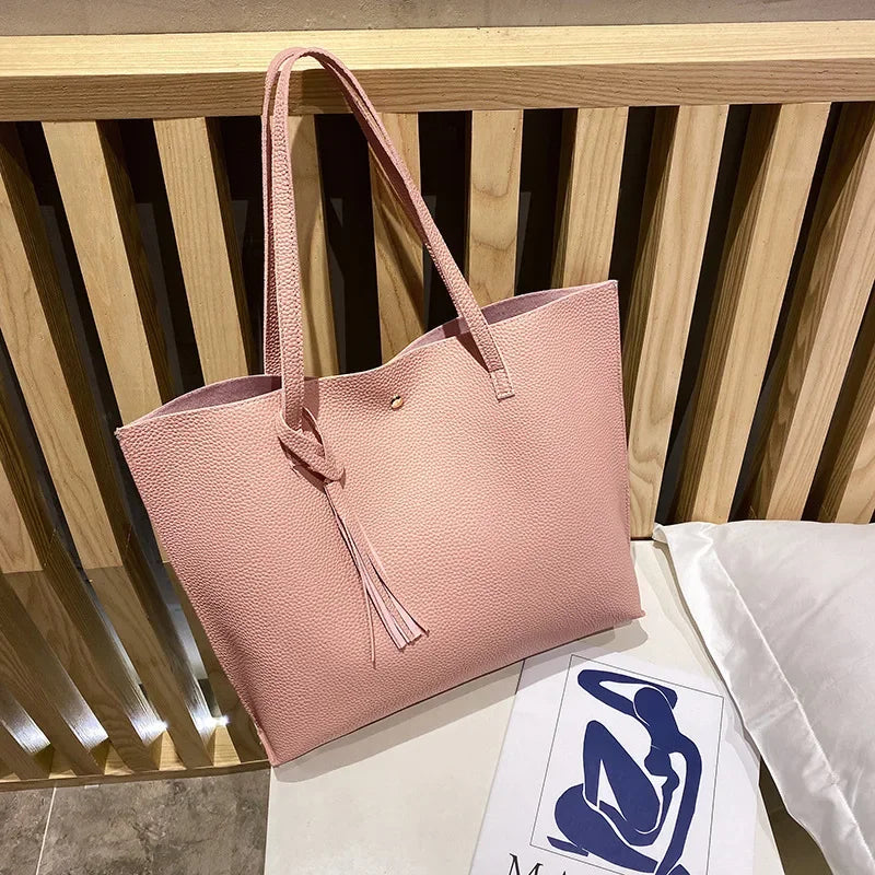 New Trend Women Single Shoulder Bag Casual Large Capacity Pu Lychee Pattern Tassel Outdoor Simple Tote Bag