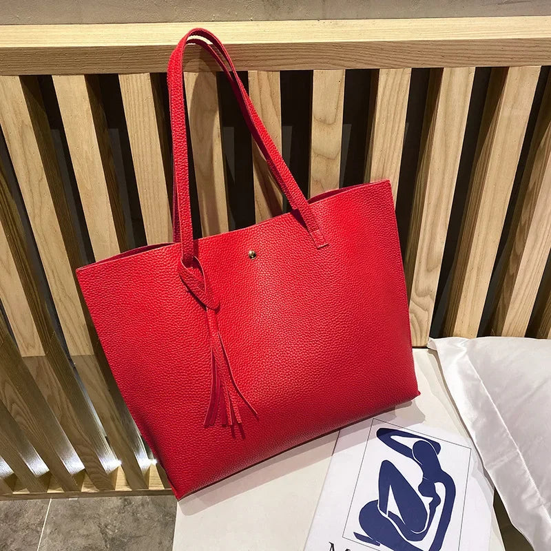 New Trend Women Single Shoulder Bag Casual Large Capacity Pu Lychee Pattern Tassel Outdoor Simple Tote Bag